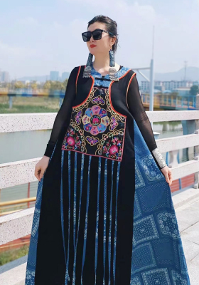 天韵设计民族风A摆棉麻牛仔拼接