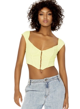 辣妹AFRM Myla Corset Top Sunny Lime弹力网纱无袖露脐衫 不退换