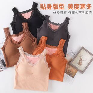 【自带胸垫】冬季保暖背心女加绒加厚性感蕾丝V领打底衫女士内衣