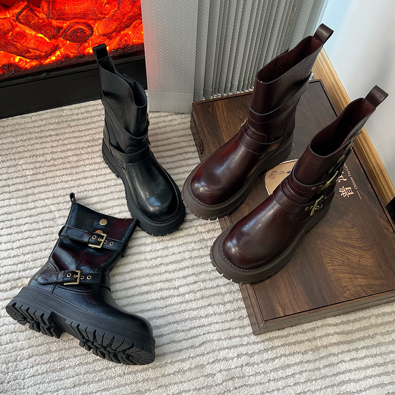 英伦风马丁靴女2025秋冬新款厚底中筒瘦瘦靴女复古百搭机车靴子女