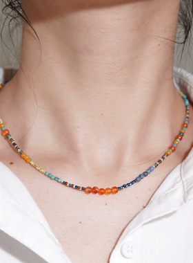 国风青金天然石红玛瑙彩色串珠项链原创设计小众首饰复古氛围感女