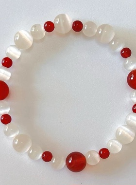 中式手链大小红玛瑙猫眼石精致串珠复古精致新年撞色显白手饰女