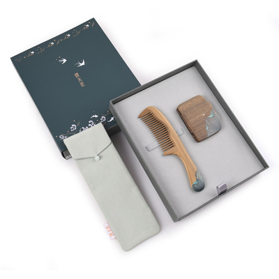 谭木匠天然木梳子绿檀木玉檀礼盒套装镜子雨荷创意情人节生日礼物