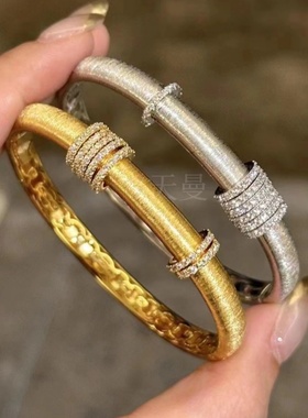 天曼轻奢S925银镀金重工手工拉丝时来运转手镯高级感小众轻奢