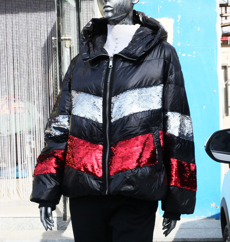 m.coco羽绒服大码宽松欧版亮片白鸭绒面包服拉链连帽外套加厚棉服