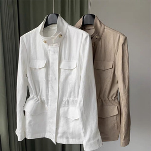 深圳南油女装~渠道货~轻奢LP~100%雨露麻~收腰工装抽绳夹克外套