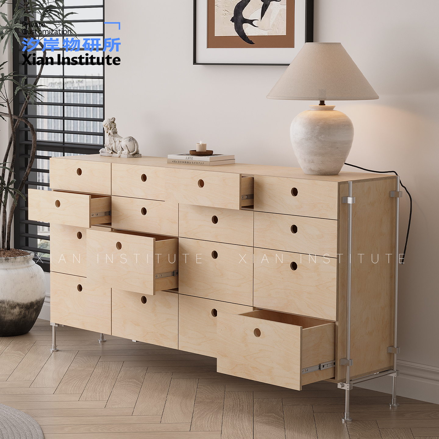 汐岸物研所餐边柜工业风斗柜桦木海洋板铝型材客厅靠墙边柜储物柜