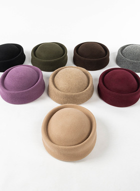 儿童成人秋冬时尚休闲绑带羊毛圆顶空姐帽舞台走秀凹造型网红礼帽