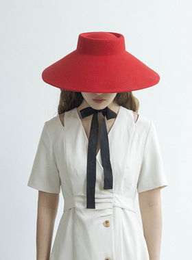 欧美秋冬新款浅顶大檐羊毛礼帽舞台走秀凹造型绑带毛毡大沿礼帽
