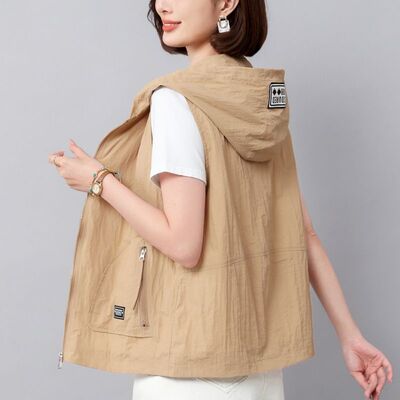 【带透气网】春夏季防晒马甲连帽休闲女薄款背心大码宽松妈妈外穿