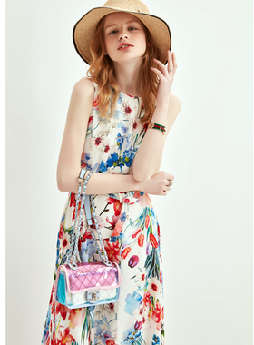 花色美醉! 法式度假真丝印花连衣裙 桑蚕丝高腰大摆长裙夏女