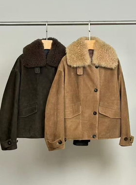 复古巴恩风圈圈毛羊绒毛领牛胎反绒皮衣夹克派克服90白鹅绒羽绒服