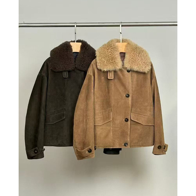 反绒牛胎皮衣派克鹅绒羽绒服女