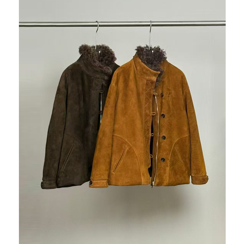 酷帅巴恩工装风卷毛羊绒立领鹅绒+反绒皮羊皮皮衣女 皮草外套