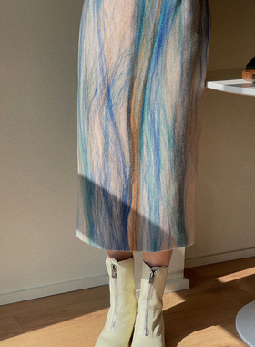 JOPHOND LOU量身定做特殊立体水雾蓝毛呢半身裙女秋冬复古高腰裙