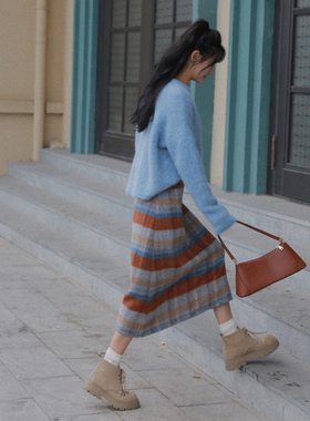 本期推荐！30%羊毛橙蓝格顺毛呢复古A型半身裙高腰显瘦中长款遮胯
