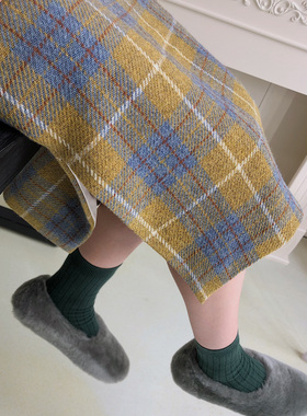 Jophond Lou自制复古黄色格子羊毛呢半身裙 直筒开叉裙一步裙秋冬