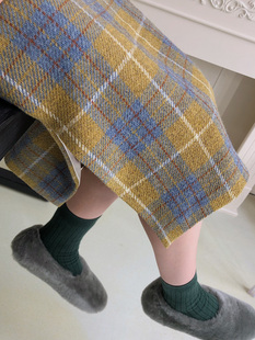 Jophond Lou自制复古黄色格子羊毛呢半身裙 直筒开叉裙一步裙秋冬