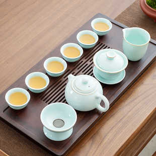 家用轻奢高档陶瓷泡茶壶盖碗办公室会客整套礼盒 天青功夫茶具套装