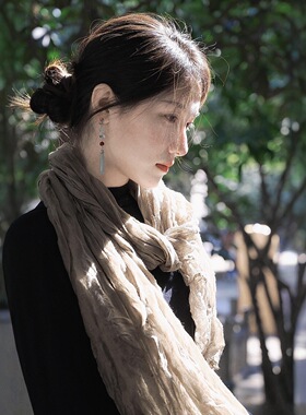 文艺复古亚麻褶皱长条丝巾
