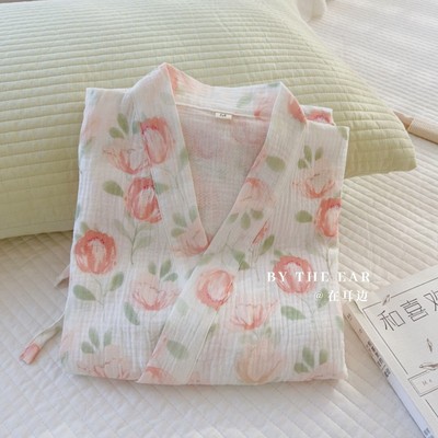 粉季山茶双层纱全棉春夏和服睡裙