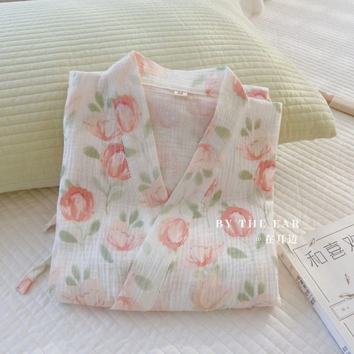 粉季山茶双层纱全棉春夏和服睡裙