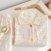 家居服套装 在耳边清新彩色幸运小花花双层纱睡衣女春夏季 舒适大码