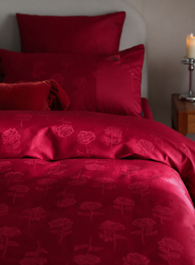 大红色新中式金线刺绣结婚四件套红色全棉高级感婚庆日用床上用品