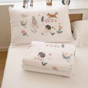 在耳边手工绗缝纯棉夏被空调被卡通刺绣全棉夏凉被 单只枕套