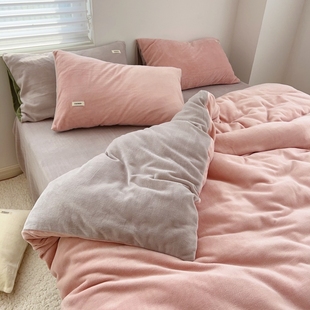 在耳边秋冬加厚纯色双拼牛奶绒四件套简约北欧风双面绒床上用品