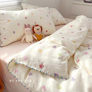 在耳边可爱小兔子全棉四件套柔软双层纱被套床单床笠款 床上用品