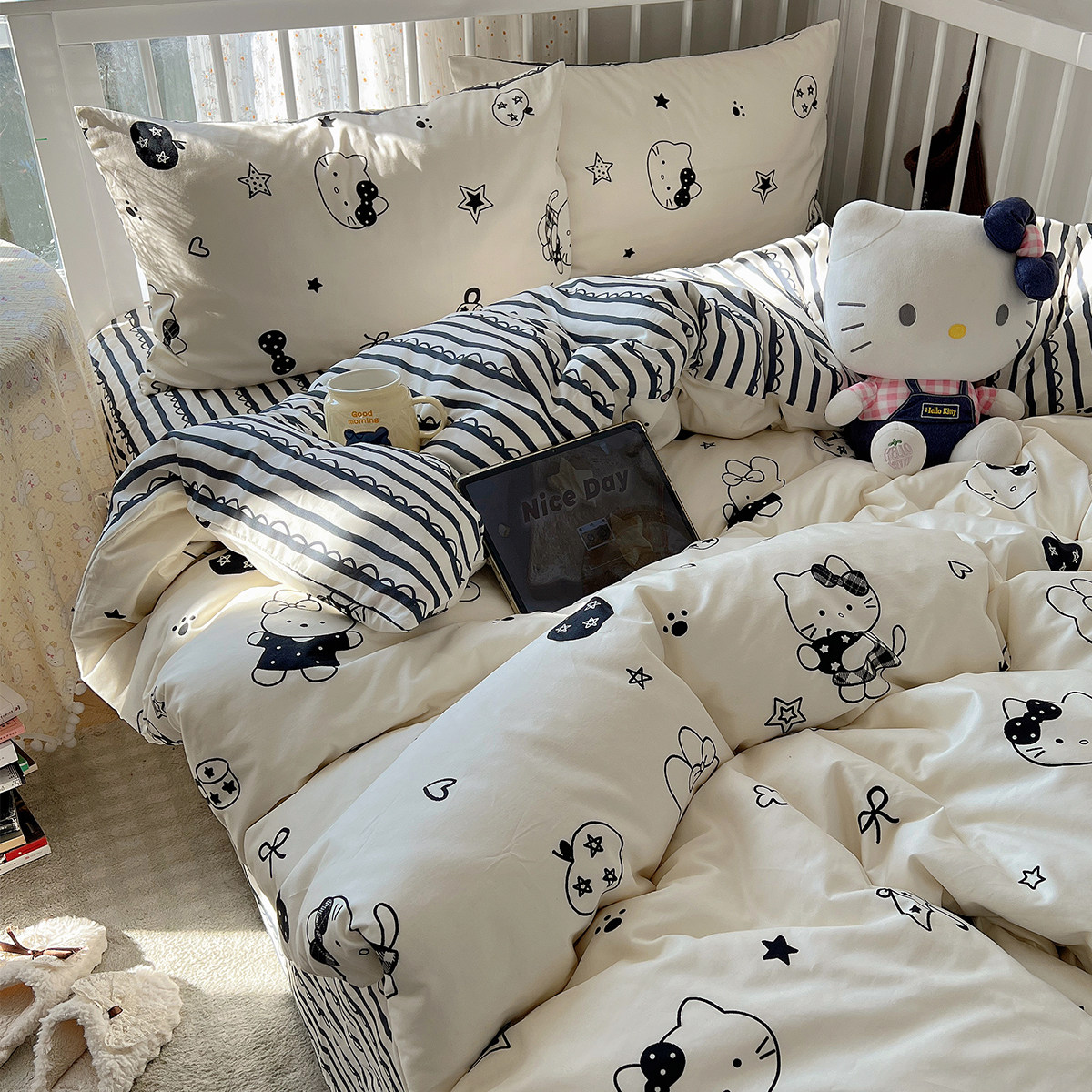 在耳边ins黑白小猫全棉精梳棉四件套卡通纯棉床上用品三件套床笠