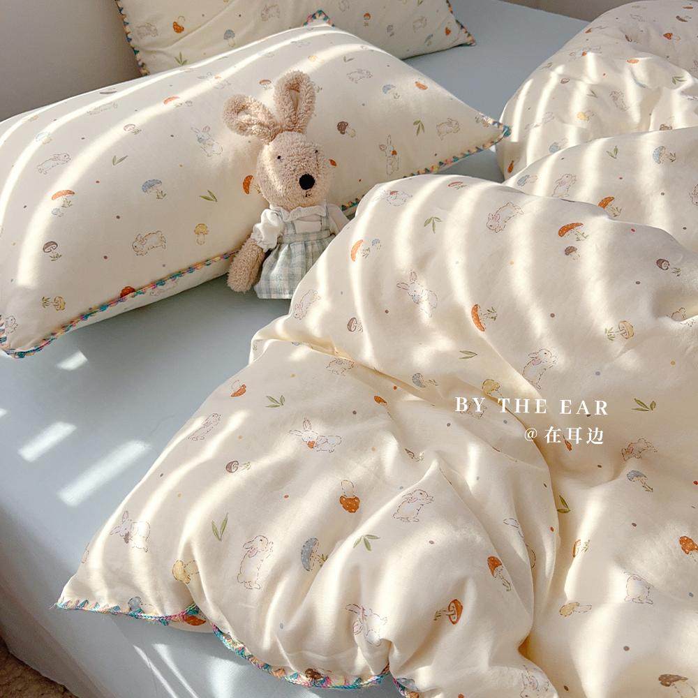 在耳边可爱小兔子全棉四件套柔软纯棉双层纱被套床笠款床上用品