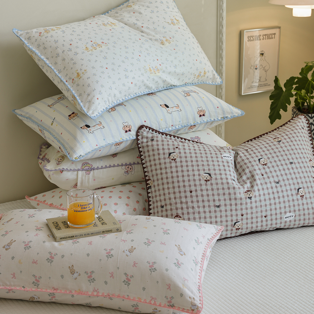 田园风小清新全棉双层纱碎花枕套贝壳边纯棉信封枕套枕芯罩亲肤