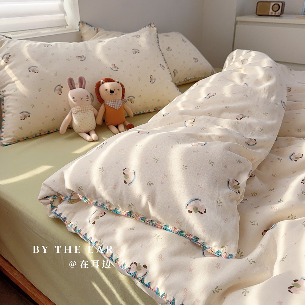 ins风双层纱A类全棉双层纱四件套卡通被套1.8m春秋全棉床上用品,床上用品,床品套件/四件套/多件套,淘宝优惠券,粉丝福利购,淘宝优惠卷