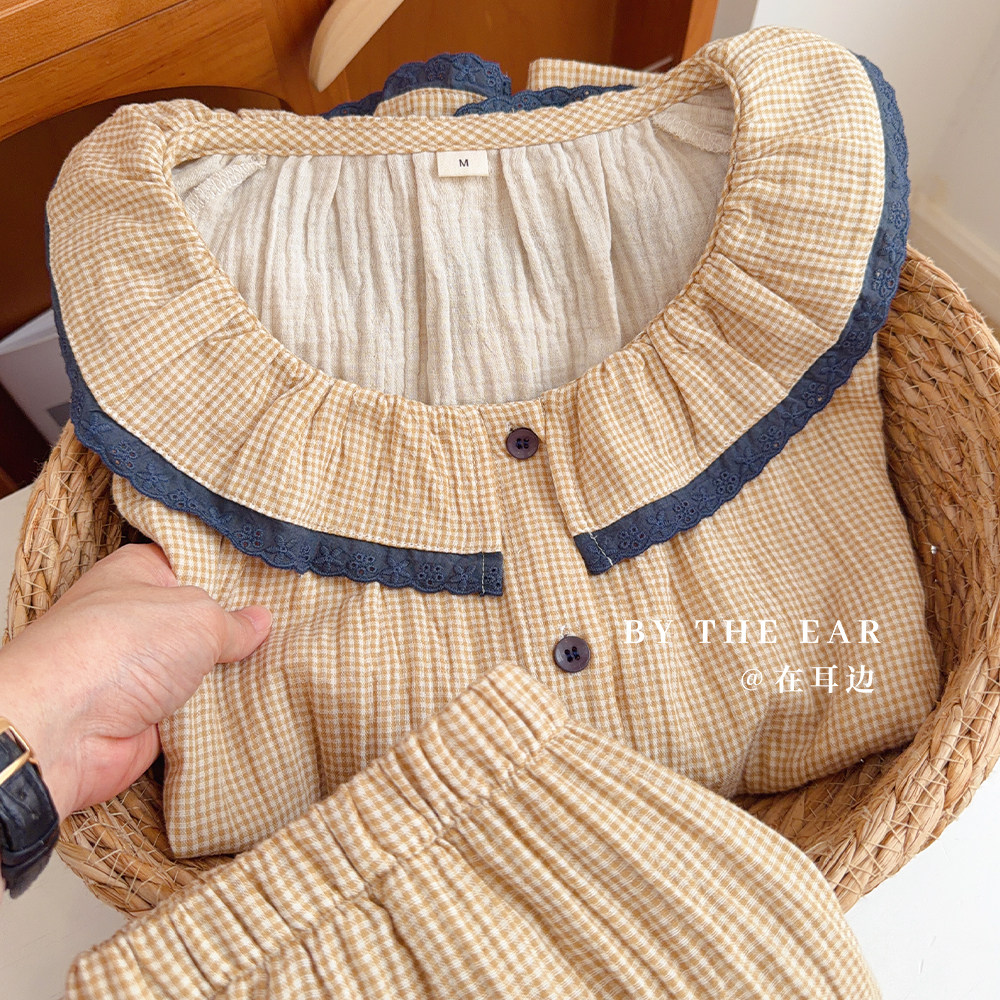 浅茶格叙｜甜美娃娃领睡衣女士春夏季纯棉双层纱布长袖家居服套装