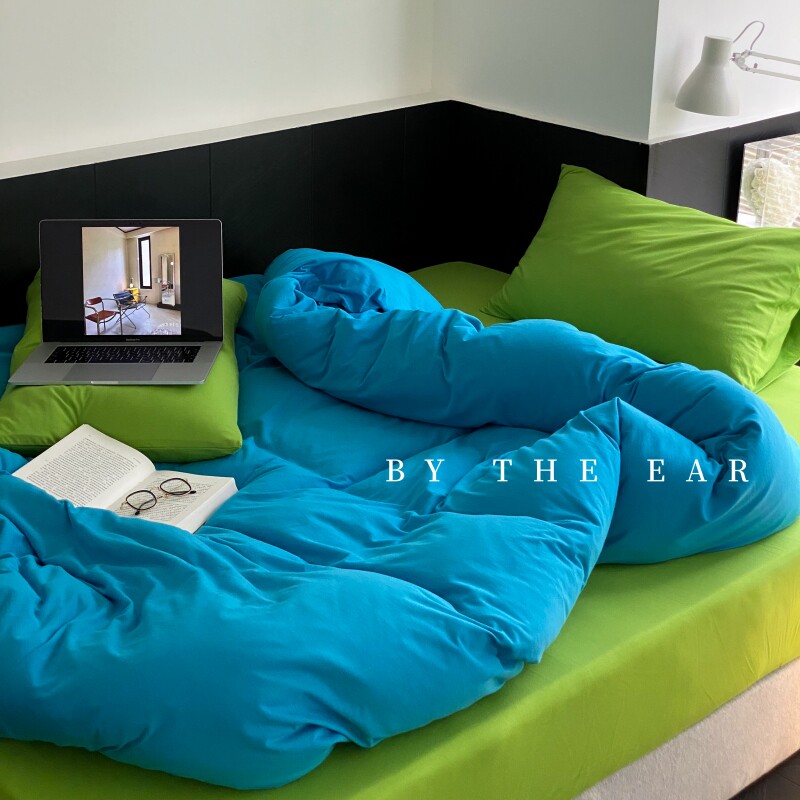 北欧风多巴胺撞色裸睡四件套全棉天竺棉亲肤柔软纯棉针织混搭床品