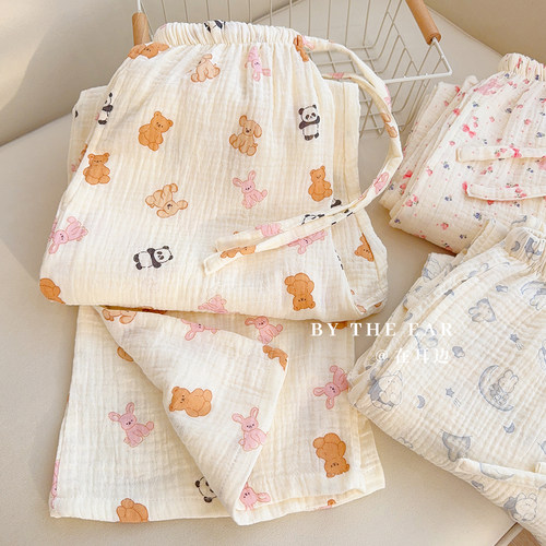 可爱卡通双层纱布宽松全棉睡裤女