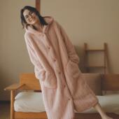 秋冬季 连帽家居服套装 保暖法兰绒睡衣女长款 过膝睡袍珊瑚绒长袖