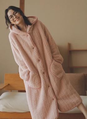 秋冬季保暖法兰绒睡衣女长款过膝睡袍珊瑚绒长袖连帽家居服套装