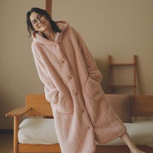 秋冬季 保暖法兰绒睡衣女长款 过膝睡袍珊瑚绒长袖 连帽家居服套装