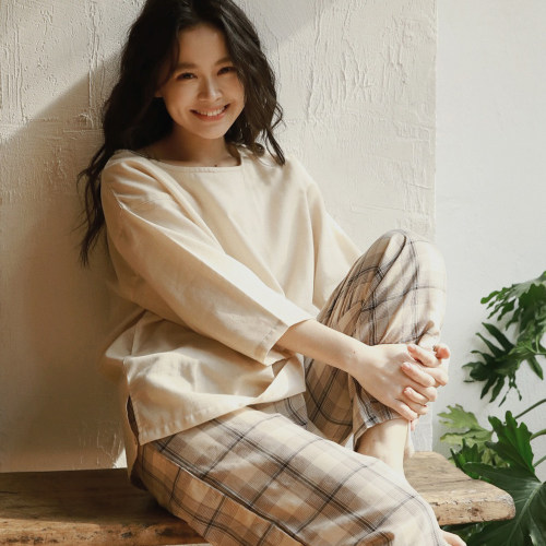 纯棉双层纱格纹睡衣女可外穿