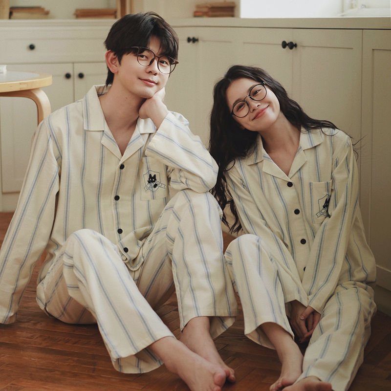 日系条纹刺绣全棉磨毛绒布睡衣