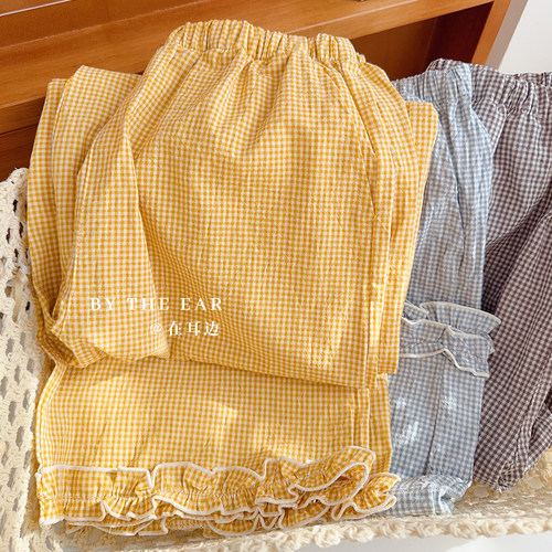 日系简约风水洗棉小格子纯棉睡裤