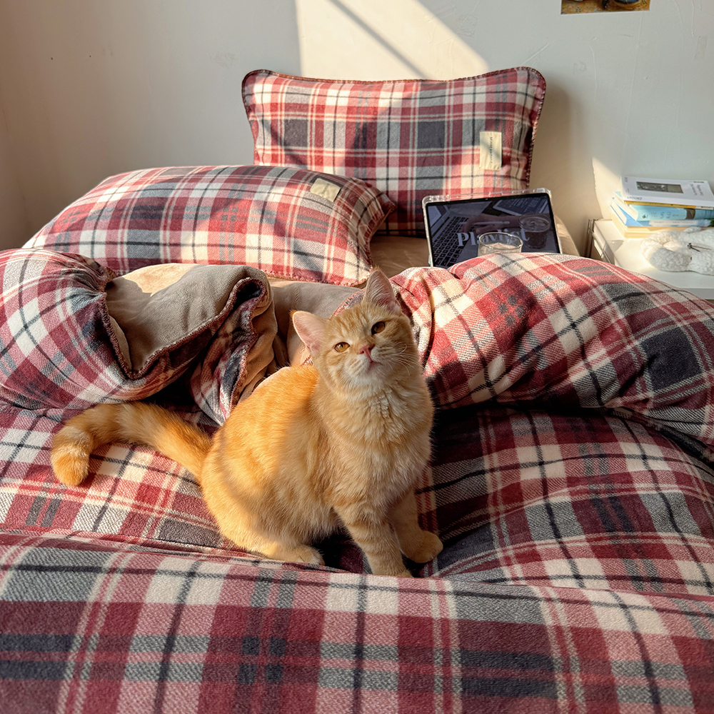 复古格子加厚保暖牛奶绒四件套