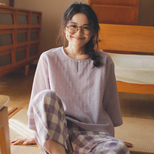 简约纯色春夏款纯棉双层纱睡衣女