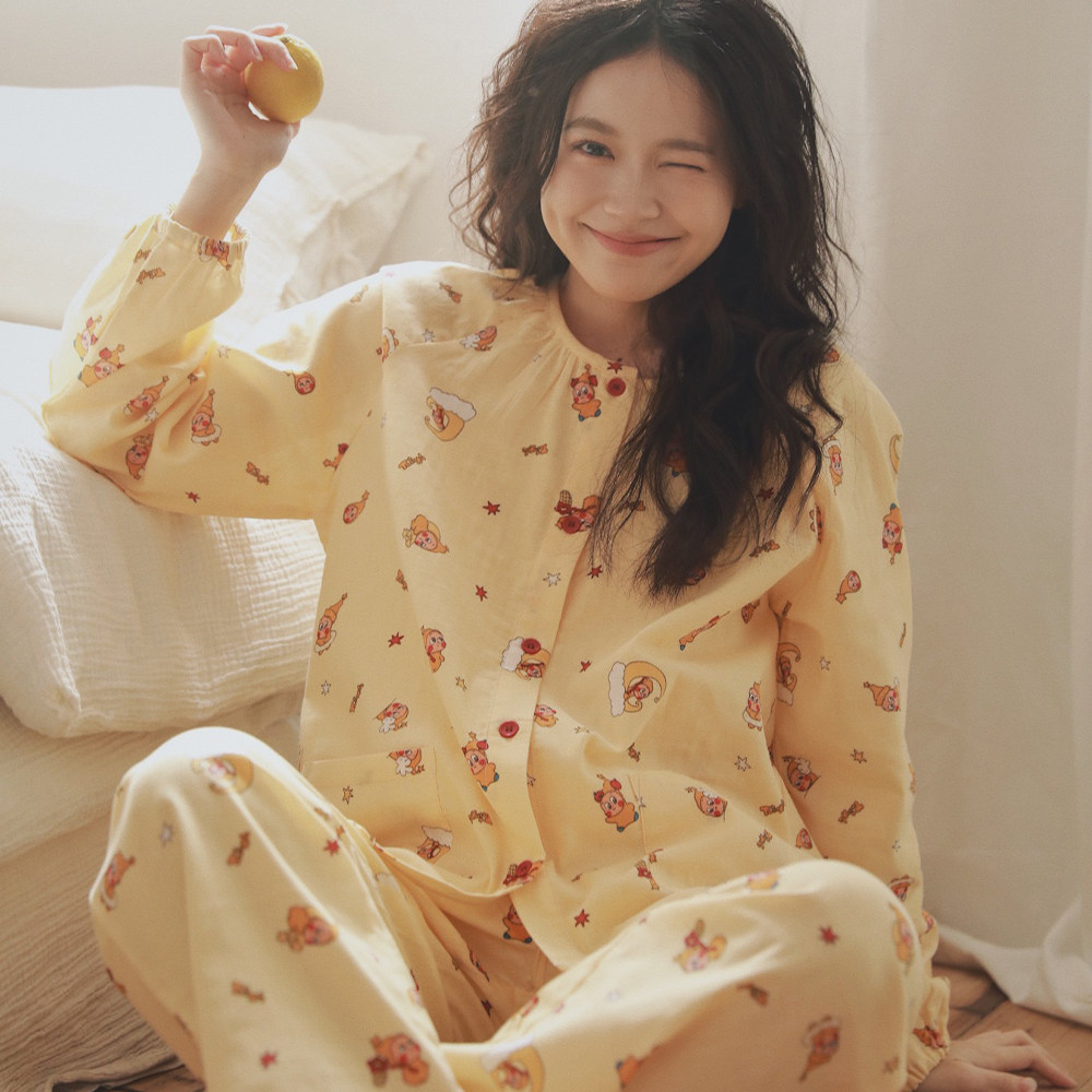 卡通可爱女士睡衣春秋圆领开衫闪耀星星纯棉纱布少女心家居服套装