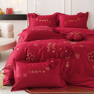 在耳边红色喜庆纯棉婚庆床品套件轻奢100s长绒棉贡缎结婚四件套