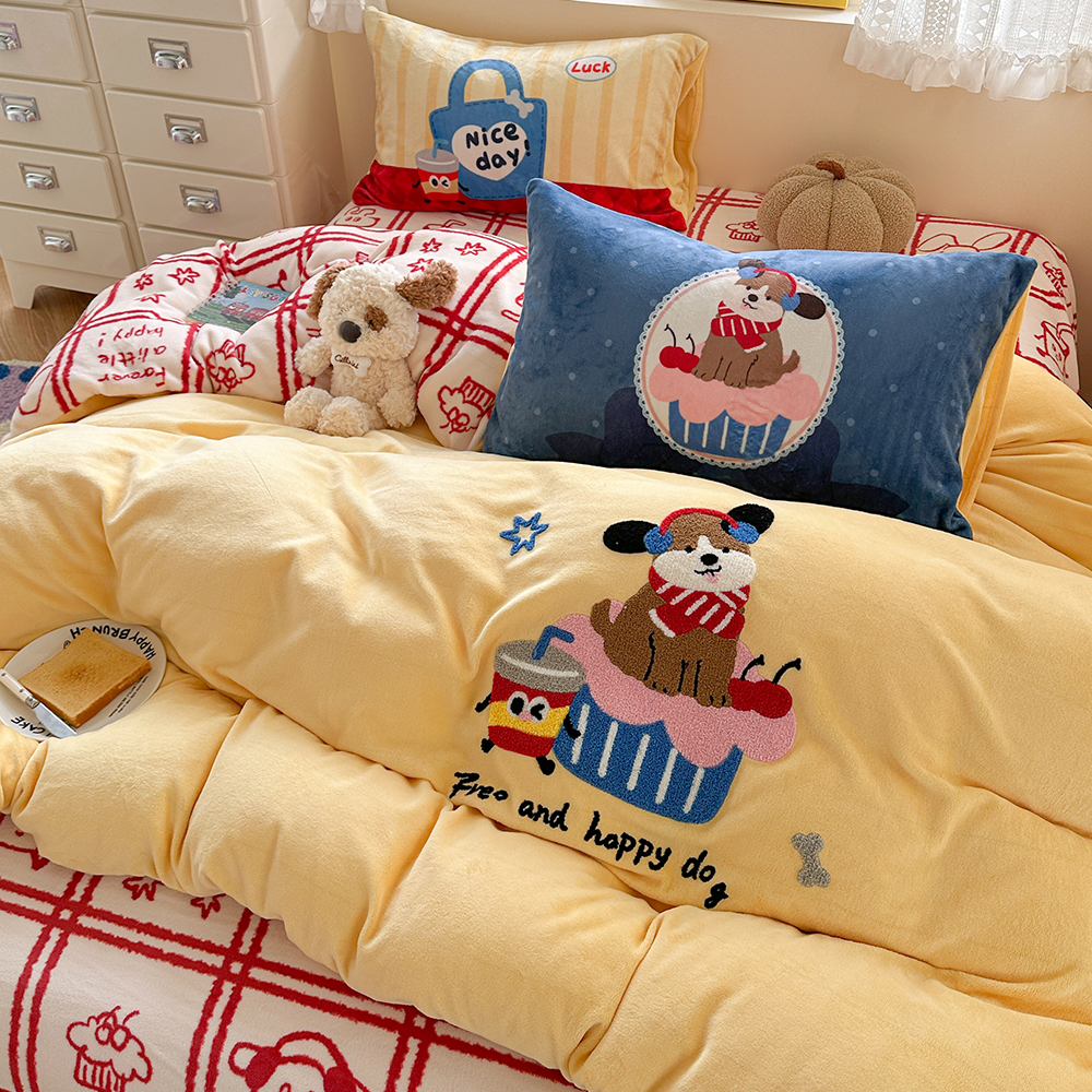 ins风卡通毛巾绣牛奶绒四件套加厚珊瑚绒被套床单床上用品送毛毯
