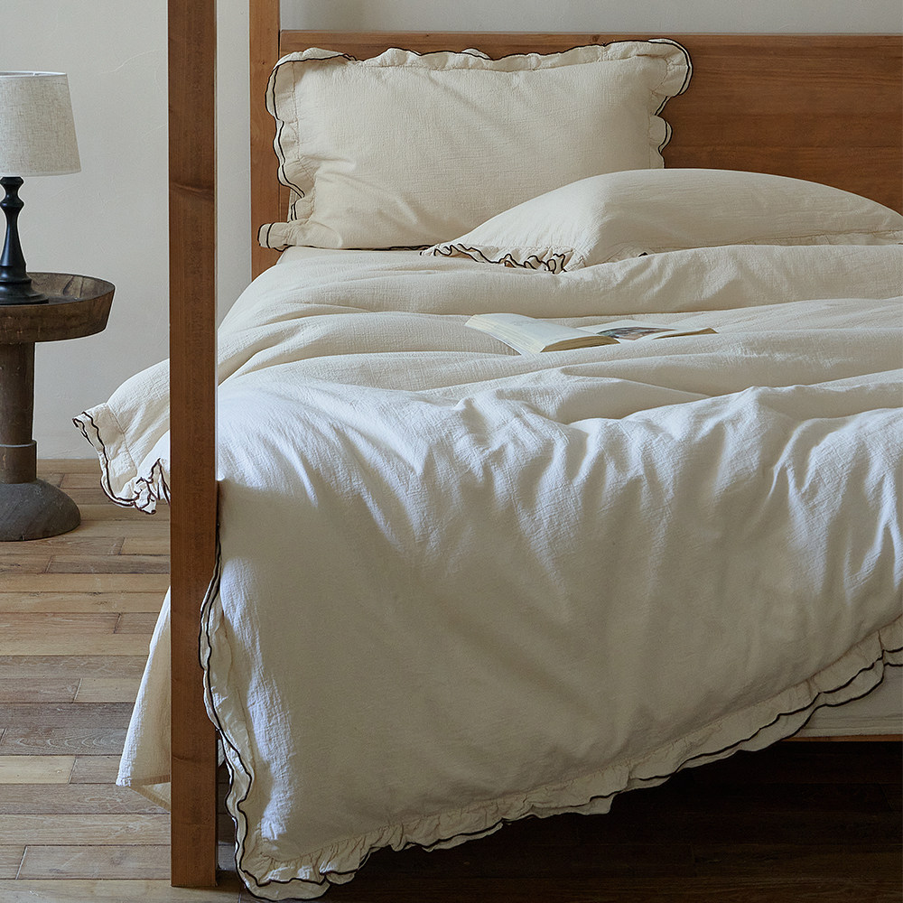 原棉无染全棉皱皱双层纱四件套密拷花边软糯亲肤床单被套床上用品,床上用品,床品套件/四件套/多件套,淘宝优惠券,粉丝福利购,淘宝优惠卷